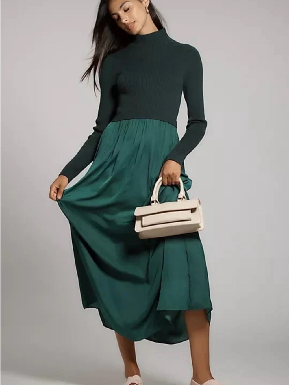 Anthropologie The Thea Twofer Sweater Maxi Dress Holly Green Turtleneck Ribbed L